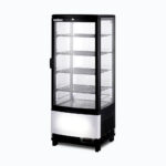 Image of a 98L black countertop fridge with a curved glass, right angled view.