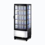 Image of a 98L black countertop fridge with a curved glass, right angled view with canned drinks inside.