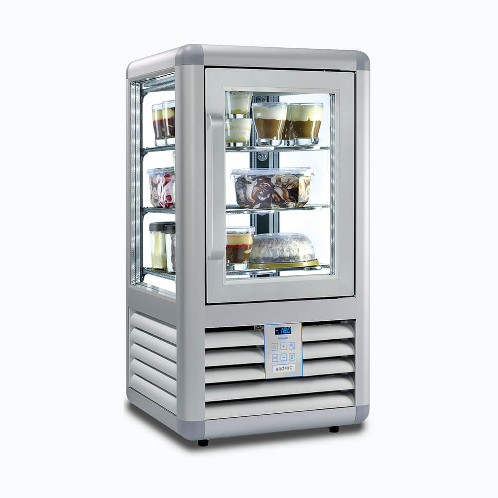 Image of a 100L grey countertop freezer, left angled view with desserts inside.