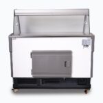 Image of a 1330mm grey deli display fridge with curved glass front, back view.