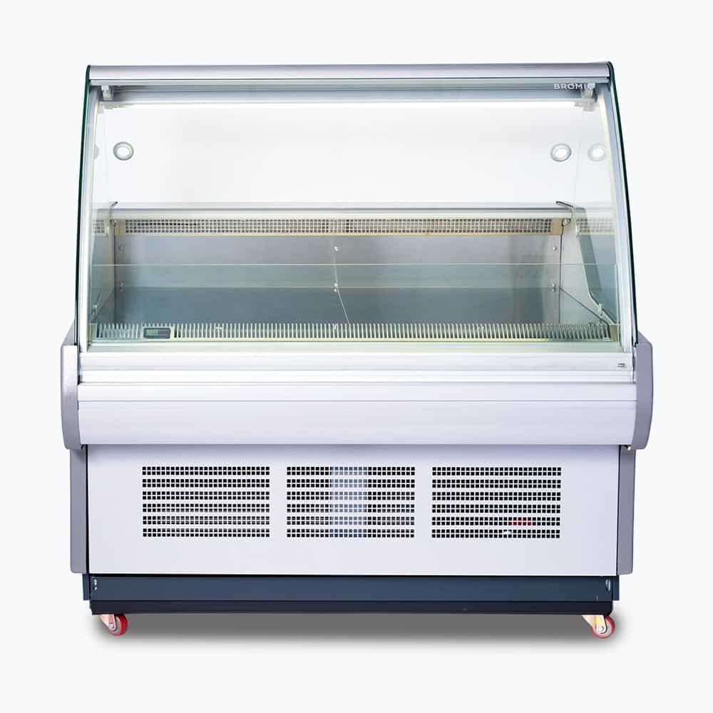 Image of a 1330mm grey deli display fridge with curved glass front, front view.