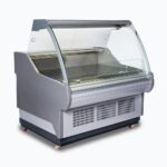 Image of a 1330mm grey deli display fridge with curved glass front, left view.