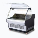 Image of a 1330mm grey deli display fridge with curved glass front, glass opened.