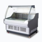Image of a 1330mm grey deli display fridge with curved glass front, right view.