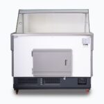 Image of a 1330mm grey deli display fridge with square glass front, back view.