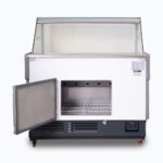 Image of a 1330mm grey deli display fridge with square glass front, back open view.