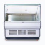 Image of a 1330mm grey deli display fridge with square glass front, front view.