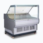 Image of a 1330mm grey deli display fridge with square glass front, left view.