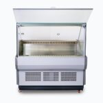 Image of a 1330mm grey deli display fridge with square glass front, glass opened.