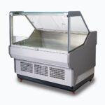 Image of a 1330mm grey deli display fridge with square glass front, right view.