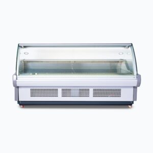 Image of a 2580mm grey deli display fridge with curved glass front, front view.