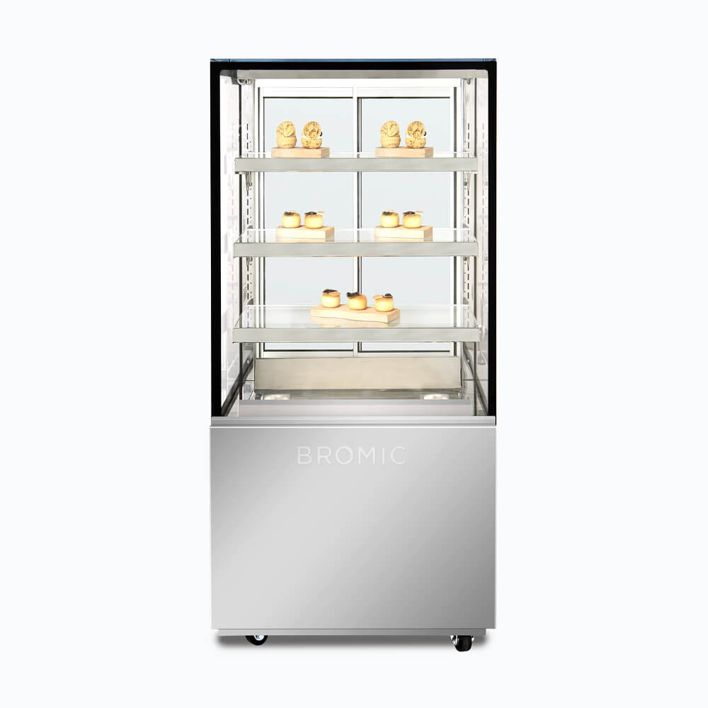 Image of a 660mm wide stainless steel hot food display, front view with warm pastries inside.