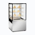 Image of a 660mm wide stainless steel hot food display, left angled view with warm pastries inside.