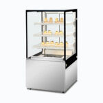 Image of a 660mm wide stainless steel hot food display, right angled view with warm pastries inside.