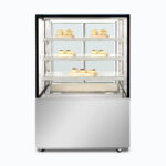 Image of a 900mm wide stainless steel hot food display, front view with warm pastries inside.