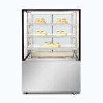 Image of a 900mm wide stainless steel hot food display, front view with warm pastries inside.