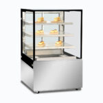 Image of a 900mm wide stainless steel hot food display, left angled view with warm pastries inside.