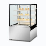 Image of a 900mm wide stainless steel hot food display, right angled view with warm pastries inside.