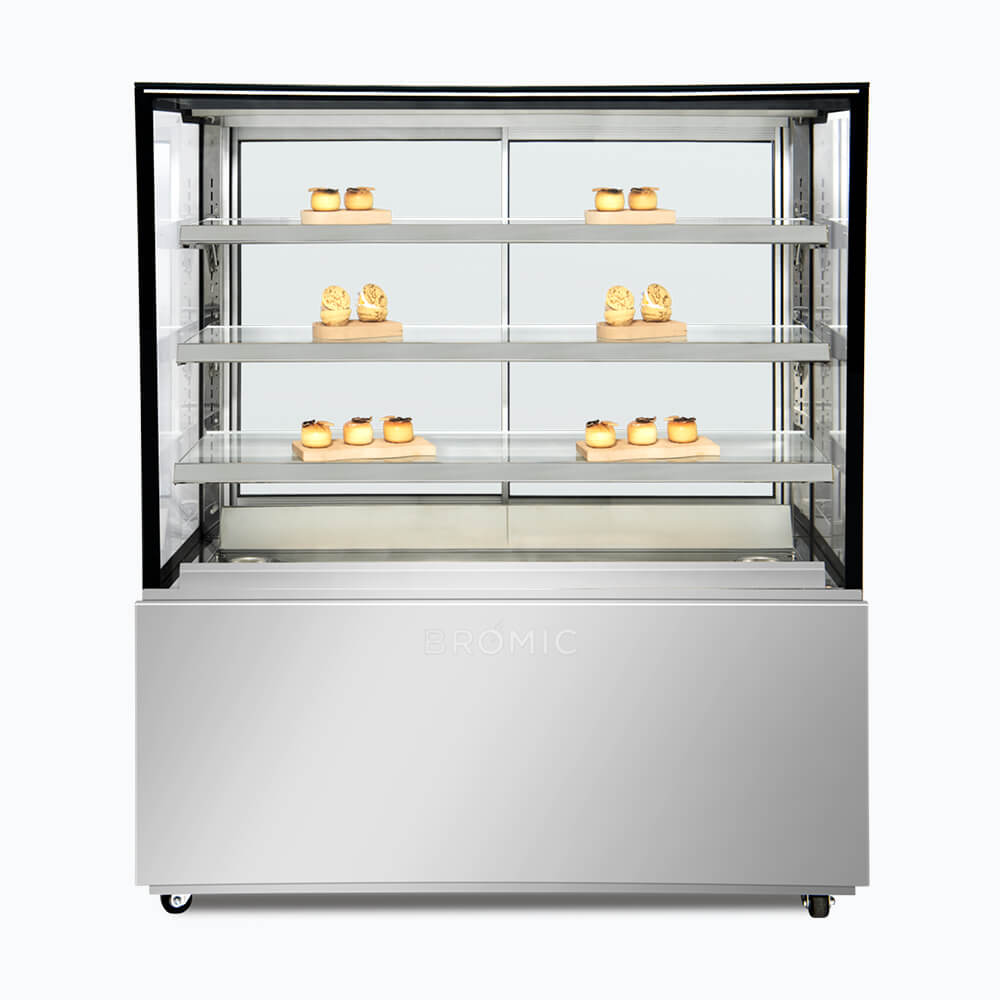 Image of a 1200mm wide stainless steel hot food display, front view with warm pastries inside.