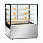 Image of a 1200mm wide stainless steel hot food display, left angled view with warm pastries inside.