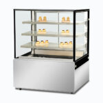Image of a 1200mm wide stainless steel hot food display, right angled view with warm pastries inside.