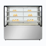 Image of a 1500mm wide stainless steel hot food display, front view with warm pastries inside.