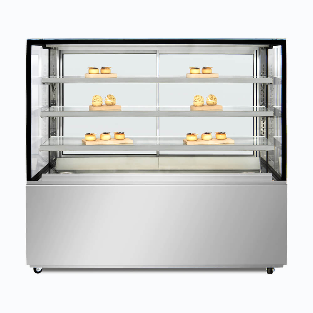 Image of a 1500mm wide stainless steel hot food display, front view with warm pastries inside.