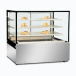 Image of a 1500mm wide stainless steel hot food display, left angled view with warm pastries inside.