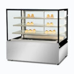 Image of a 1500mm wide stainless steel hot food display, right angled view with warm pastries inside.