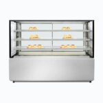 Image of a 1800mm wide stainless steel hot food display, front view with warm pastries inside.