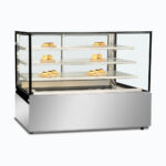 Image of a 1800mm wide stainless steel hot food display, left angled view with warm pastries inside.