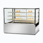 Image of a 1800mm wide stainless steel hot food display, right angled view with warm pastries inside.