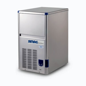 Image of a 18kg stainless steel self-contained hollow ice machine bin on a grey background.