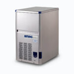 Image of a 24kg stainless steel self contained hollow ice machine bin on a grey background.