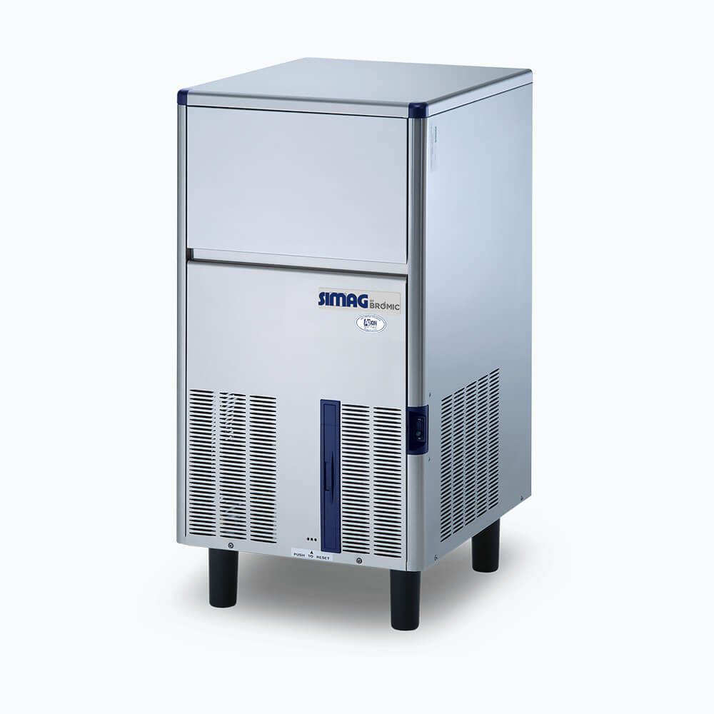 Image of a 32kg stainless steel self contained solid cube ice machine bin on a grey background.