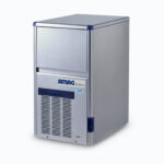 Image of a 32kg stainless steel self contained hollow ice machine bin on a grey background.