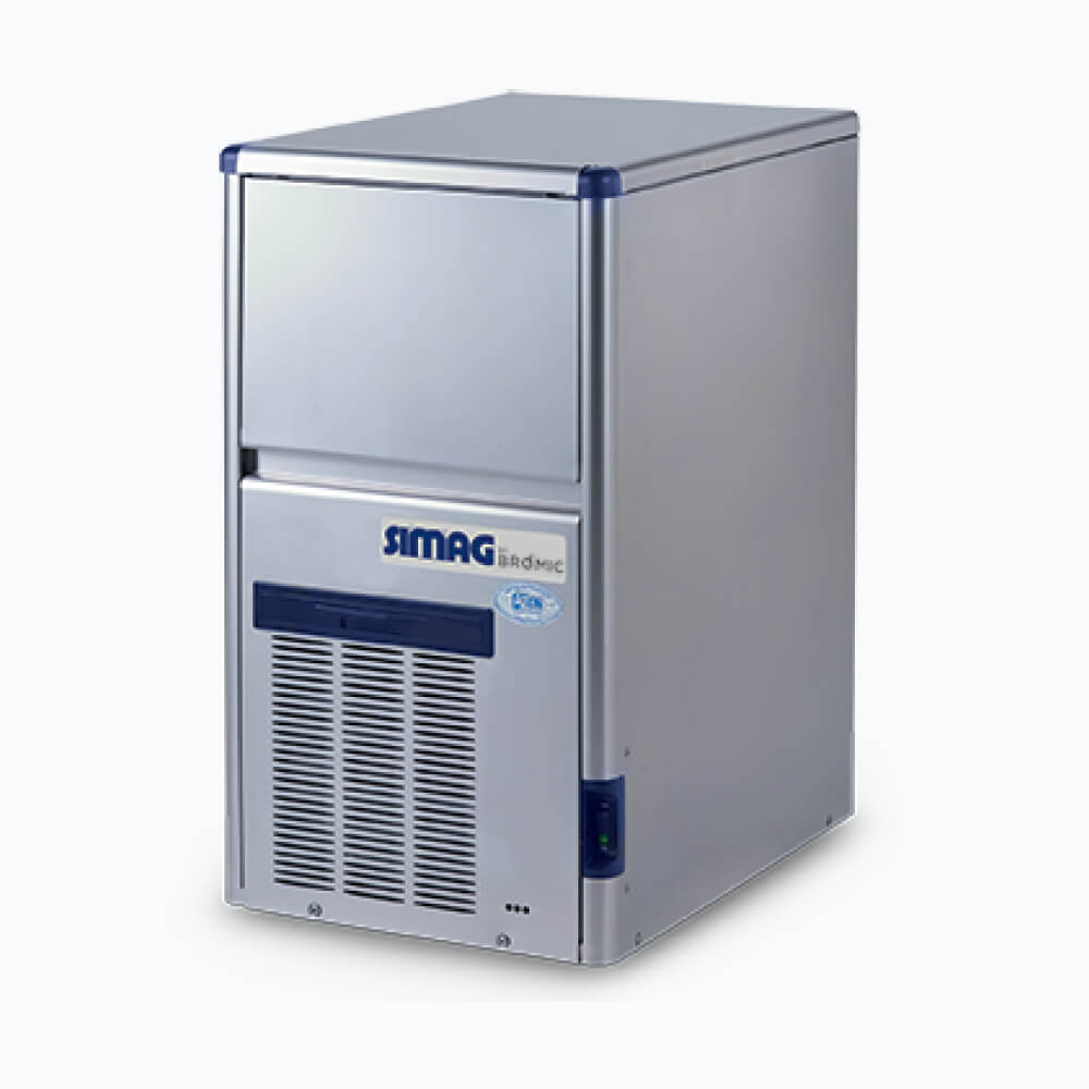 Image of a 34kg stainless steel self contained hollow ice machine bin on a grey background.