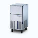 Image of a 43kg stainless steel self contained solid cube ice machine bin on a grey background.