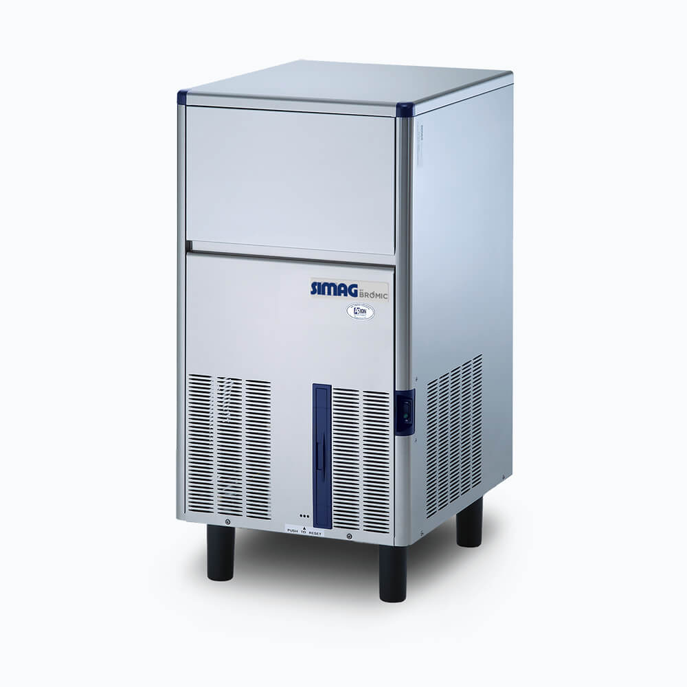 Image of a 43kg stainless steel self contained solid cube ice machine bin on a grey background.