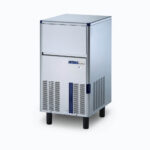 Image of a 50kg stainless steel self contained hollow ice machine bin on a grey background.