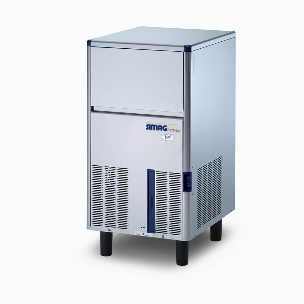 Image of a 64kg stainless steel self contained hollow ice machine bin on a grey background.