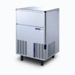Image of a 65kg stainless steel self contained solid cube ice machine bin on a grey background.
