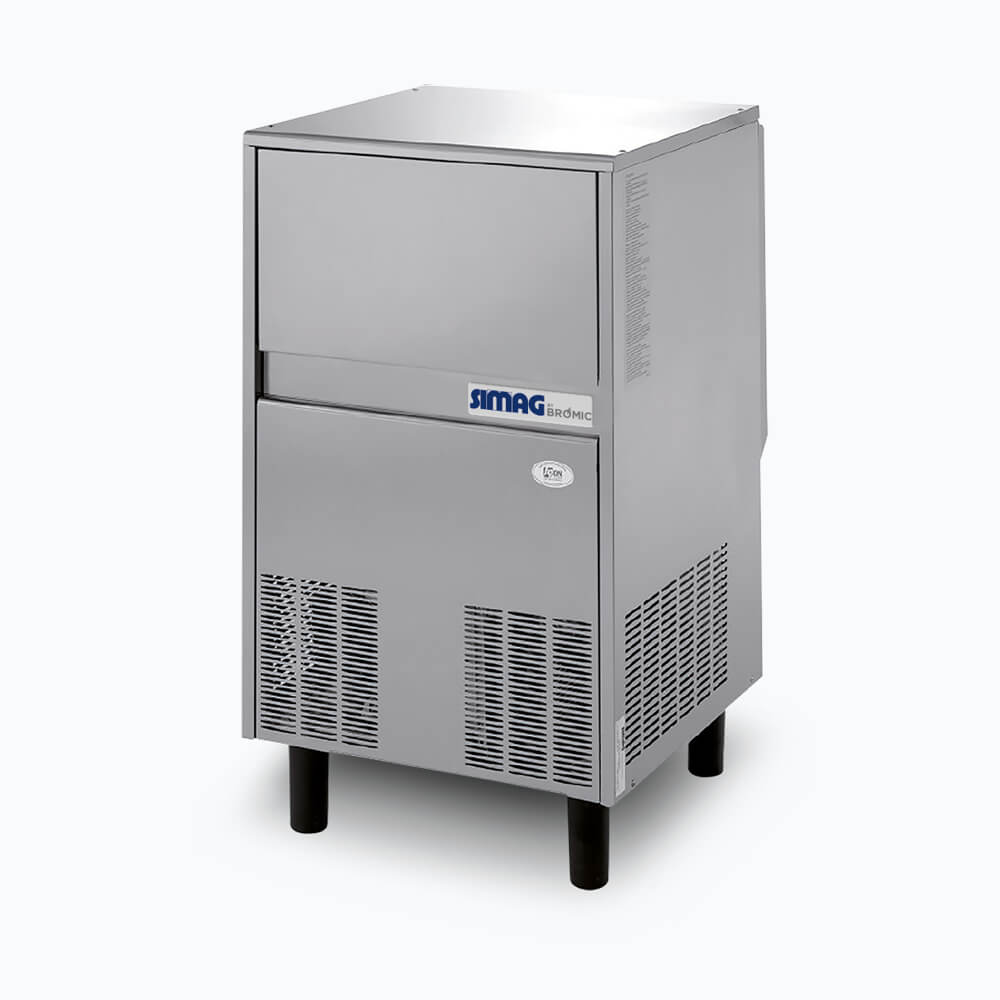 Image of a 70kg stainless steel self contained flake ice machine bin on a grey background.