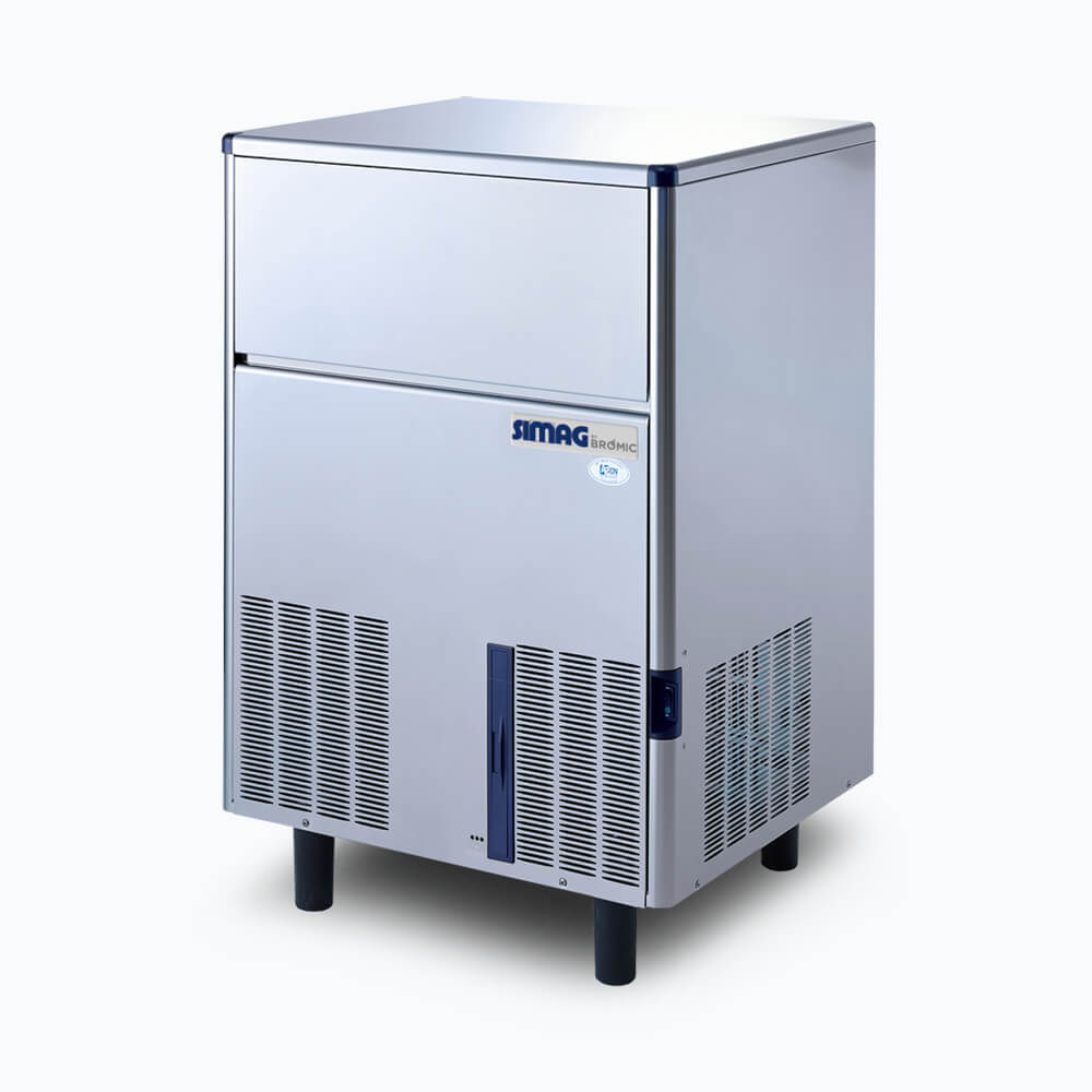 Image of a 84kg stainless steel self contained hollow ice machine bin on a grey background.