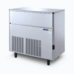 Image of a 113kg stainless steel self contained solid cube ice machine bin on a grey background.