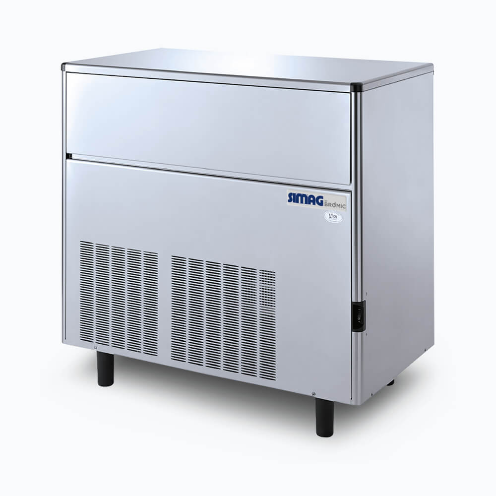 Image of a 113kg stainless steel self contained solid cube ice machine bin on a grey background.