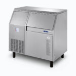 Image of a 120kg stainless steel self contained flake ice machine bin on a grey background.