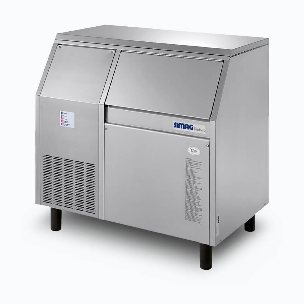 Image of a 120kg stainless steel self contained flake ice machine bin on a grey background.