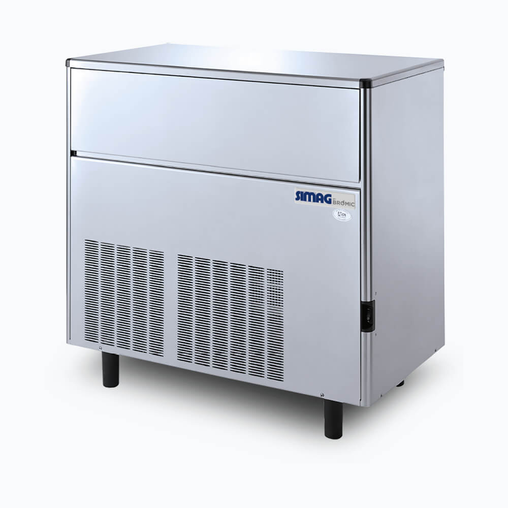 Image of a 170kg stainless steel self contained hollow ice machine bin on a grey background.