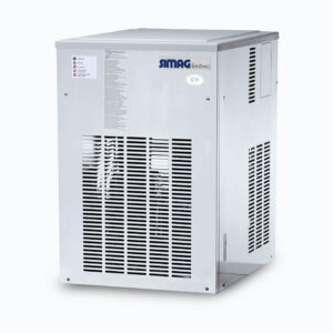 Image of a 600kg stainless steel modular flake ice machine bin on a grey background.